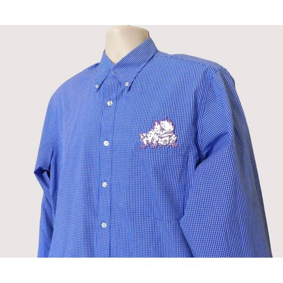 Van Heusen Shirt 15.5-16 34/35 TCU Frog Patch Blue White Check LS Cotton Blend - Picture 3 of 7